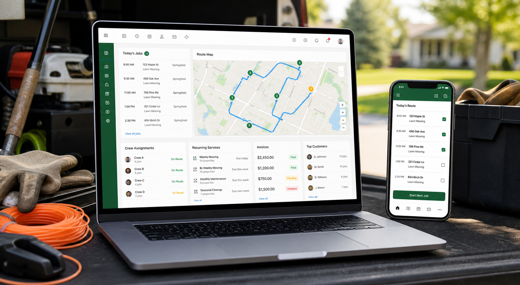 LawnTracker dashboard shown on laptop and phone